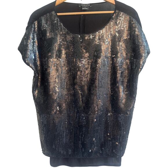 Trouvé Black Sequin Short Sleeve Top Layered Party Blouse Size Small - Picture 1 of 6